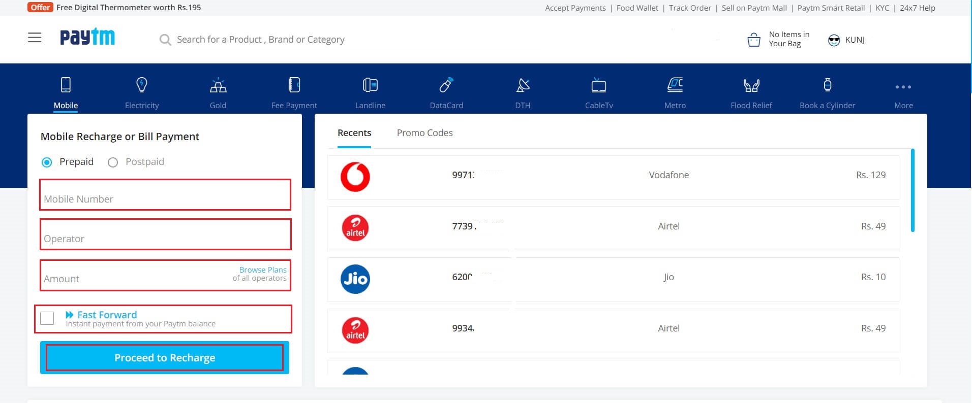 online mobile recharge process