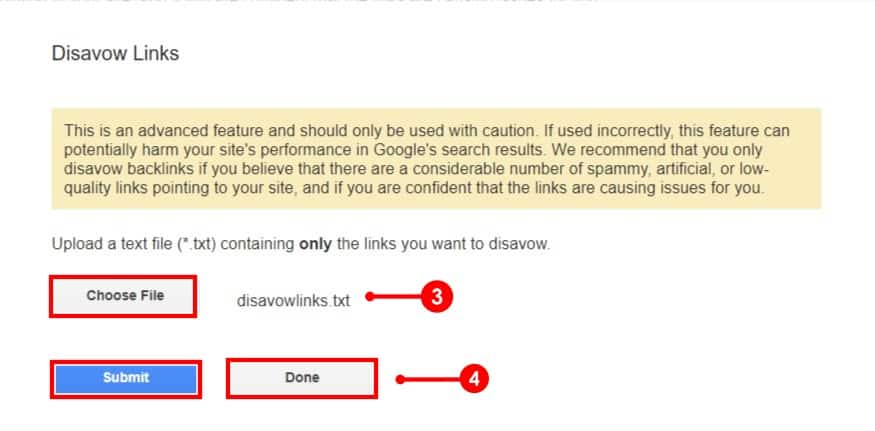 upload and Submit disavow links