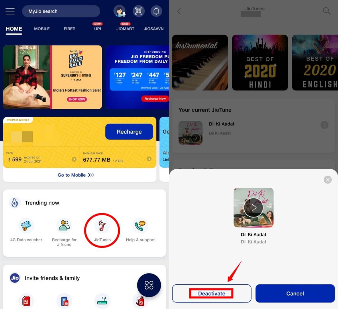 jiotune deactivation from myjio app